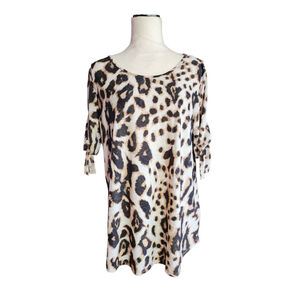 Amana Leopard Animal Print Embroidered Tie-Sleeve Tunic Top Women's L